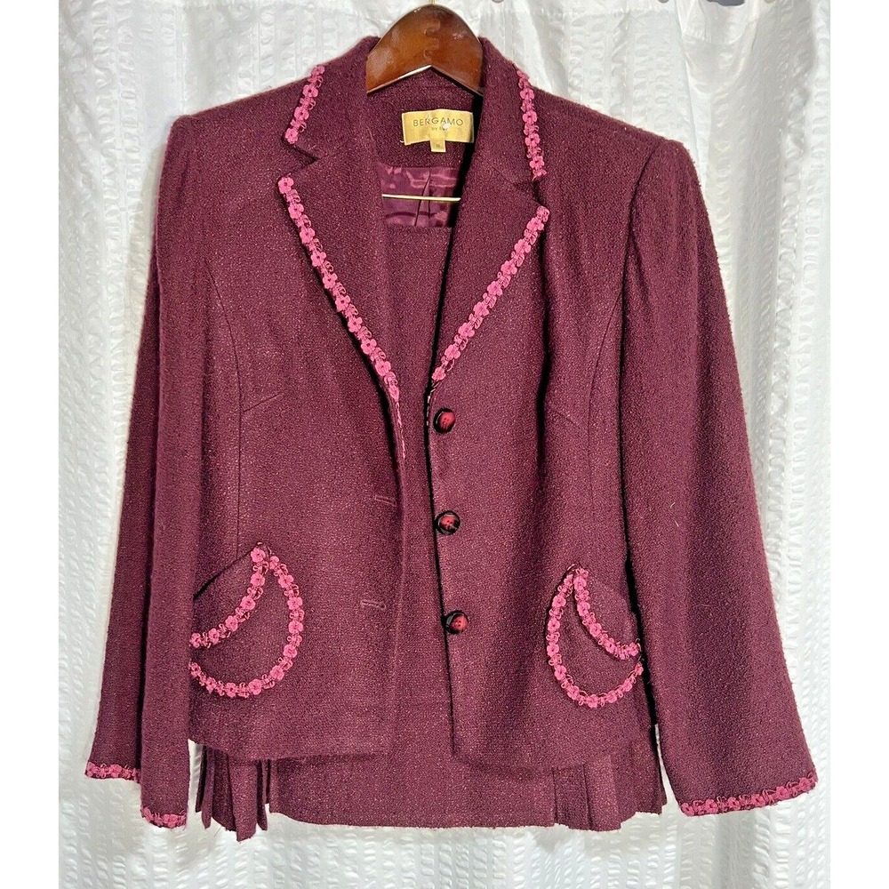 Bergamo Skirt Suit Set Women 10 Burgundy Pink Crochet Trim VTG Coquette Retro